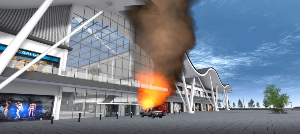 Nautilus International Simulated Vehicle Bourne Explosive Incendiary Device detonates outside of a Simulated Shopping Mall within the Major Incident Response Application MIRA