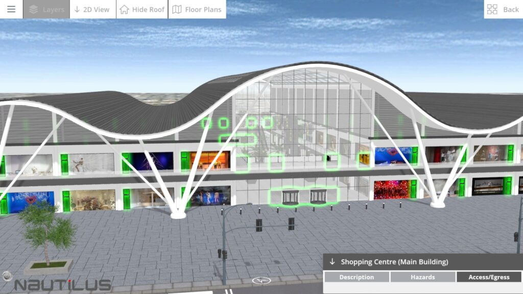 Nautilus International Major Incident Response Application is a Protect Duty usable application showing a detailed 3D CAD view of a generic shopping mall entry and exit points