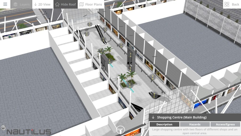 Nautilus International Major Incident Response Application Protect Duty MIRA showing a detailed 3D CAD view of the inside of a shopping mall